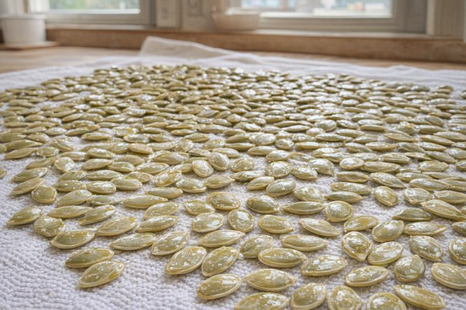 A close-up shot of wet, cleaned pumpkin seeds spread out on a clean kitchen towel, ready for drying, bright kitchen lighting